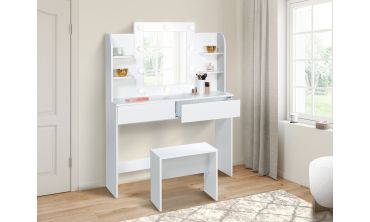 Coiffeuse Zélia blanche avec étagères, miroir LED + tabouret