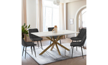 Table repas extensible Glam 160-200cm plateau effet marbre blanc et pieds croisés dorés