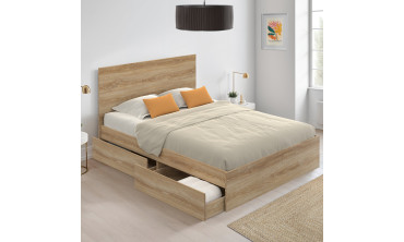 Lit Oklahoma avec sommier, tête de lit et 4 tiroirs intégrés effet hêtre 140x190cm