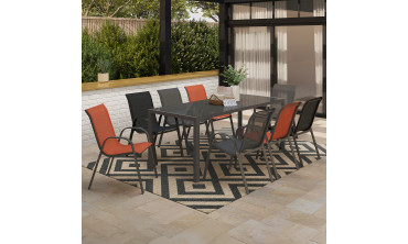 Ensemble repas Minorca 8 places en textilène et verre trempé gris