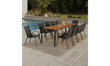 Ensemble repas Timbia 10 places noir et verre trempé effet bois