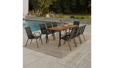 Ensemble repas Timbia 8 places noir et verre trempé effet bois