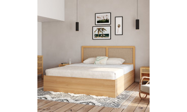 Lit coffre Eve avec sommier et tête de lit en cannage 160x200cm