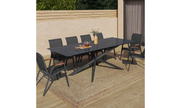Table de jardin plateau en verre trempé noir et pieds croisés 240cm