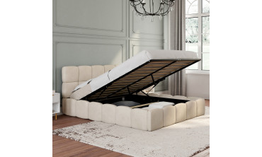 Lit coffre Bubble en velours beige avec sommier et tête de lit 140x190cm