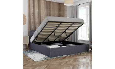 Lit coffre Louise en tissu gris avec sommier et tête de lit arrondie 180x200cm