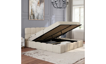 Lit coffre Bubble en velours beige avec sommier et tête de lit 160x200m