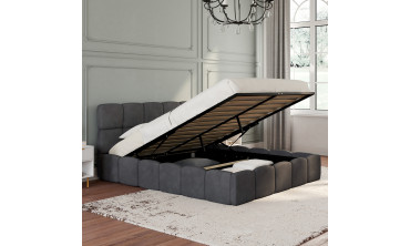 Lit coffre Bubble en velours gris avec sommier et tête de lit 140x190cm