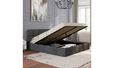 Lit coffre Bubble en velours gris avec sommier et tête de lit 160x200cm