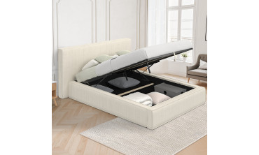 Lit coffre Joyce en velours côtelé beige avec sommier et tête de lit 160x200m