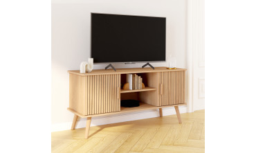 Meuble TV Faustine effet lattes 2 portes + étagères L110cm