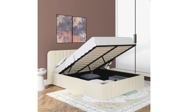 Lit coffre Valentina en tissu bouclette avec sommier et tête de lit 160x200cm