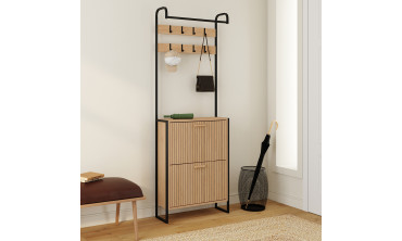 Vestiaire d'entrée Faustine effet lattes 8 patères + 2 placards à chaussures - 8 paires