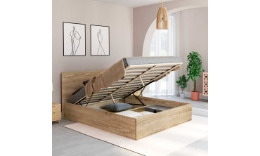 Lit coffre Sicilia avec sommier et tête de lit effet bois 160x200cm