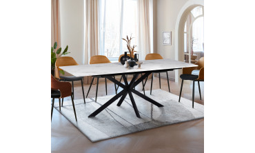 Table repas extensible Glam 160-200cm plateau effet marbre blanc et pieds croisés noirs