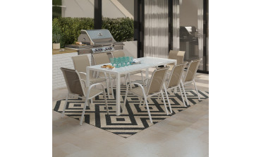 Salon de jardin Minorca 8 places en textilène et verre trempé blanc et beige