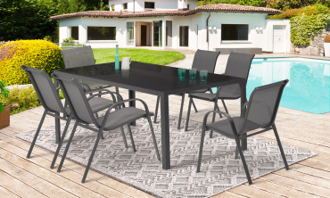 Salon de jardin Minorca 6 places en textilène et verre trempé 6 places gris anthracite