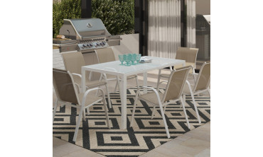 Salon de jardin Minorca 6 places en textilène et verre trempé blanc et beige