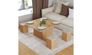 Table basse Tania 2 en 1 avec plateau dépliant et 4 assises