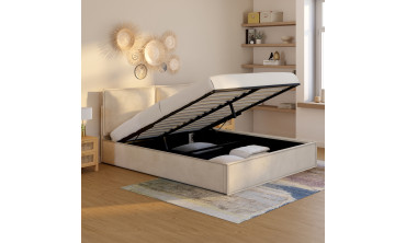 Lit coffre Lilou en velours beige avec sommier et tête de lit effet oreiller 160x200cm