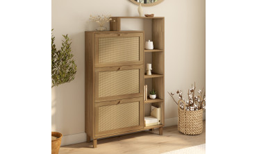 Meuble à chaussures Erin 3 portes en cannage avec étagères - 18 paires