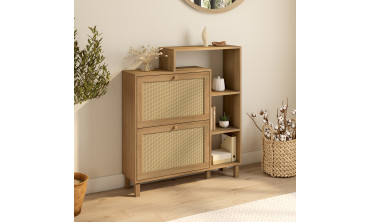 Meuble à chaussures Erin 2 portes en cannage avec étagères - 12 paires