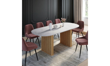 Table repas Marceau plateau extensible 160-200cm arrondi effet marbre et pieds lattes