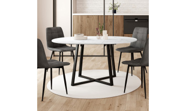 Table repas Sana plateau extensible 110-150cm rond effet marbre et pieds noirs
