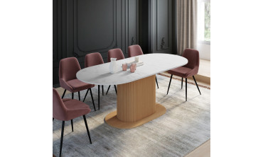 Table repas Maria plateau extensible 160-200cm effet marbre blanc et pieds arrondis effet lattes