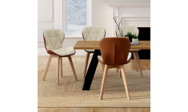 Chaises Gladys en tissu beige et camel et pieds bois - lot de 4