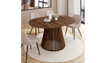 Table repas Camélia plateau rond extensible 110-150cm effet noyer et pieds lattes