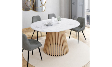 Table repas Camélia plateau rond extensible 110-150cm effet marbre blanc et pieds lattes