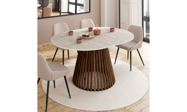 Table repas Camélia plateau rond extensible 110-150cm effet travertin et pieds lattes