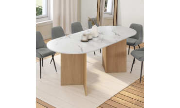 Table repas Gabin plateau extensible 160-200cm effet marbre blanc et pieds design