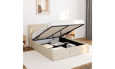Lit coffre Lucia en velours beige avec sommier et tête de lit 140x190cm