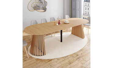 Table à manger ronde extensible Camélia bois et pied lattes Ø110-300cm