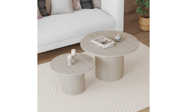 Tables basses rondes gigognes Alvar effet travertin et pieds lattes - lot de 2