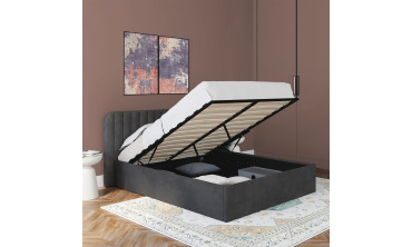 Lit coffre Valentina en velours gris avec sommier et tête de lit 140x190cm