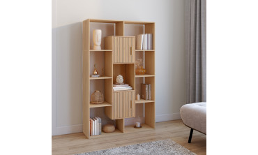 Etagère bibliothèque Faustine effet lattes 11 compartiments 143cm