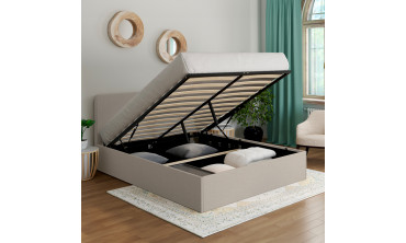 Lit coffre Louise en tissu beige avec sommier et tête de lit arrondie 140x190cm