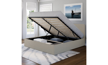 Lit coffre Louise en tissu beige avec sommier et tête de lit arrondie 160x200cm